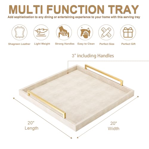XIGEXIGE Large Ottoman Tray for Coffee Table,Square Shagreen Leather Decorative Tray with Gold Handles for Living Room Decor - Image 3