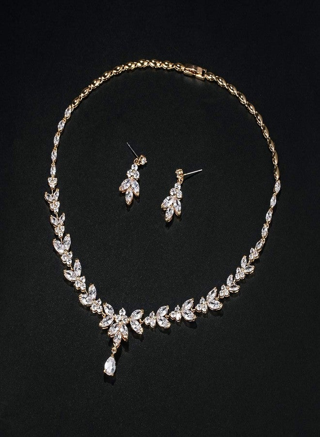 ويمان طقم عقد وأقراط متدلية من الفضة/الذهب المطلية من WeimanJewelry للنساء، مرصع بالزركونيا المكعبة المستديرة على شكل دمعة ماركيز، مناسب لحفلات الزفاف (ذهبي). - Image 4