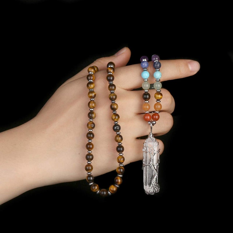 Jovivi Natural Tiger Eye 7 Chakras Healing Crystals Necklace Wire Wrapped Clear Quartz Pendant Healing Pointed Reiki Energy Balancing - Image 3