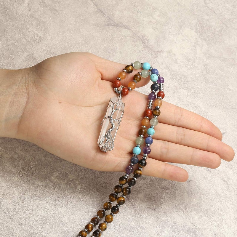 Jovivi Natural Tiger Eye 7 Chakras Healing Crystals Necklace Wire Wrapped Clear Quartz Pendant Healing Pointed Reiki Energy Balancing - Image 5