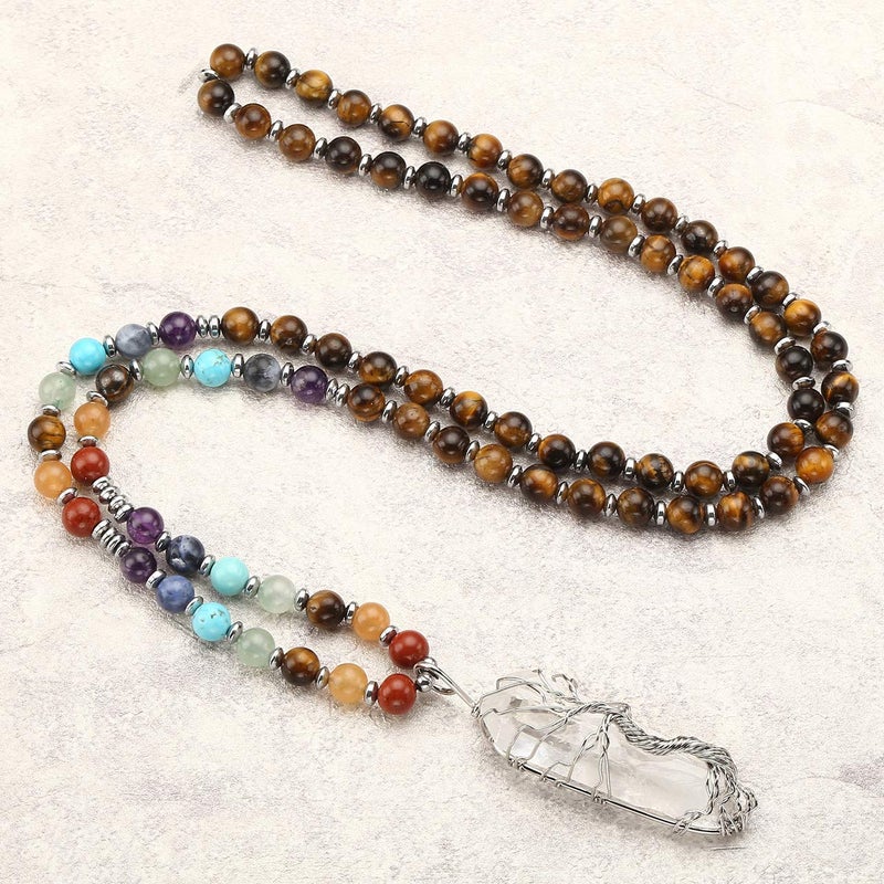 Jovivi Natural Tiger Eye 7 Chakras Healing Crystals Necklace Wire Wrapped Clear Quartz Pendant Healing Pointed Reiki Energy Balancing - Image 4