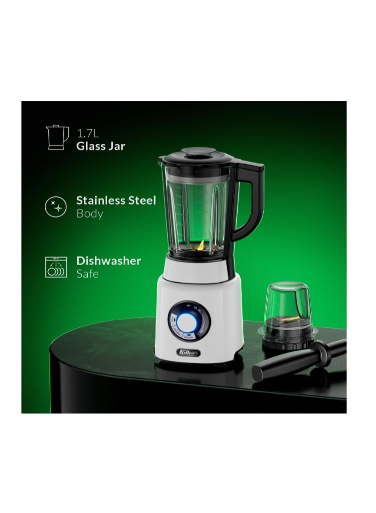 Feller Germany, 1200W Blender + Grinder Mill, 1.7L Glass Jar, Ice Crush/Smoothie/Pulse Modes, Variable Speed, 6-Fin Blade, Safety Lock, 2Y Guarantee BLG1200 UAE Stainless Steel - Image 4