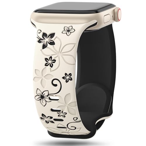 SuperNaNa Floral Engraved Bands Compatible with Apple Watch Band 41mm 40mm 44mm 45mm 42mm 38mm 46mm 49mm for Women,Cute Flower iWatch Bands Soft Silicone Sport Strap for iWatch Series SE 10 9 8 7 6 5 4 3 2 1 - Image 1