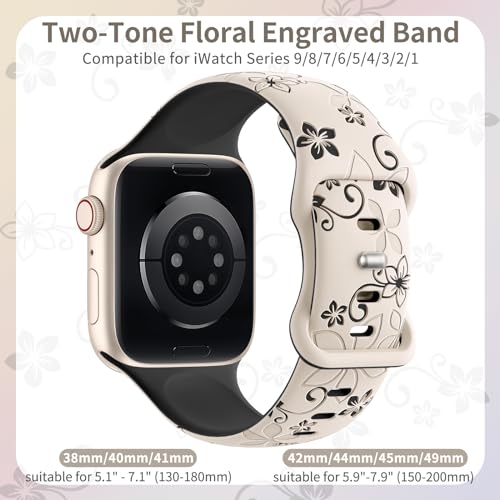 SuperNaNa Floral Engraved Bands Compatible with Apple Watch Band 41mm 40mm 44mm 45mm 42mm 38mm 46mm 49mm for Women,Cute Flower iWatch Bands Soft Silicone Sport Strap for iWatch Series SE 10 9 8 7 6 5 4 3 2 1 - Image 2