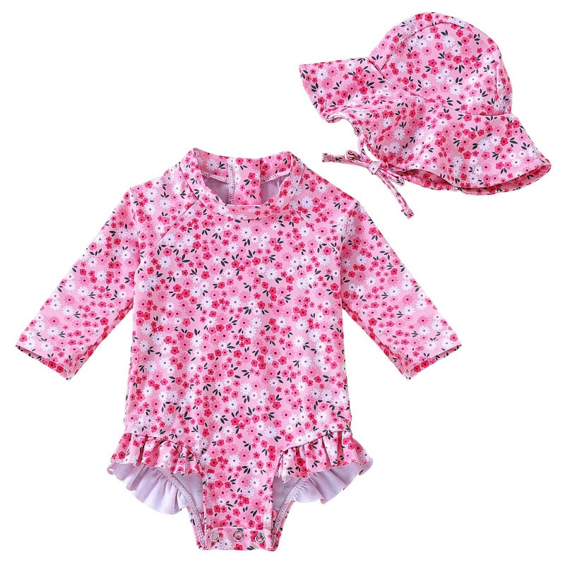 WOLBAY Baby Girl Swimsuit Long Sleeve One Piece Rash Guard with Sun Hat Zipper Bathing Suit Size 0-2T (US, Age, 3 Months, 6 Months, Pink) - Image 1