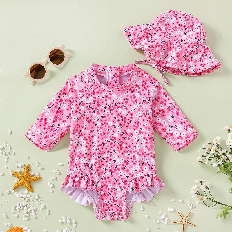 WOLBAY Baby Girl Swimsuit Long Sleeve One Piece Rash Guard with Sun Hat Zipper Bathing Suit Size 0-2T (US, Age, 3 Months, 6 Months, Pink) - Image 2