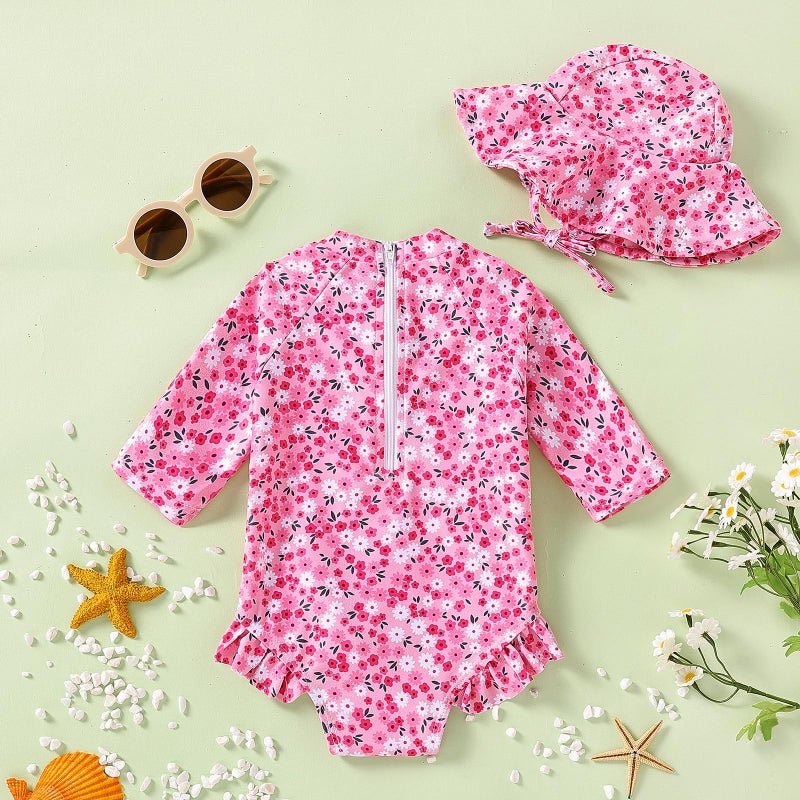WOLBAY Baby Girl Swimsuit Long Sleeve One Piece Rash Guard with Sun Hat Zipper Bathing Suit Size 0-2T (US, Age, 3 Months, 6 Months, Pink) - Image 3
