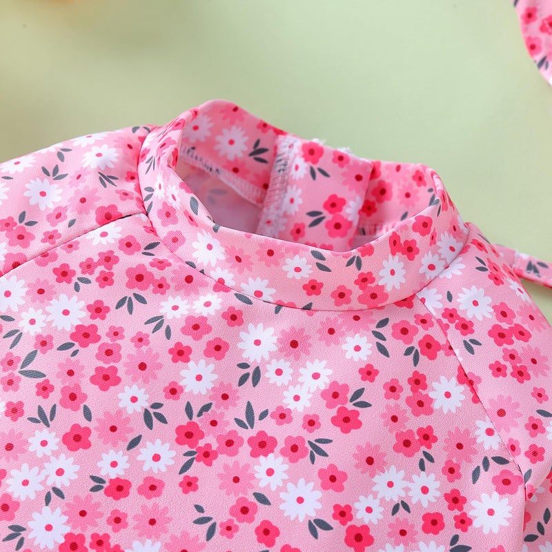 WOLBAY Baby Girl Swimsuit Long Sleeve One Piece Rash Guard with Sun Hat Zipper Bathing Suit Size 0-2T (US, Age, 3 Months, 6 Months, Pink) - Image 4