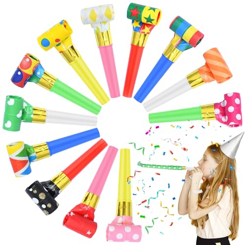 Twavang 12 Pcs Party Blower Colorful Blowouts Noisemakers Birthday Blowouts Whistles for Party FavorsColorful Paper Roll - Image 1
