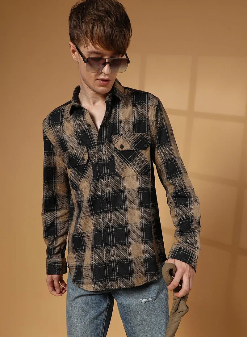 كامبوس سوترا Men's Raven Black & Sand Beige Buffalo Check Utility Shirt For Casual Wear | Spread Collar | Long Cuffed Sleeves | Button Closure | Shirt Crafted With Comfort Fit For Everyday Wear