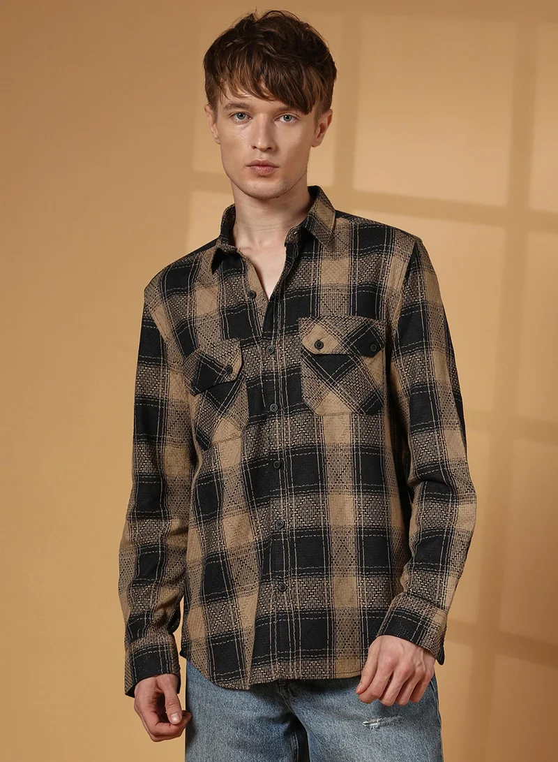 كامبوس سوترا Men's Raven Black & Sand Beige Buffalo Check Utility Shirt For Casual Wear | Spread Collar | Long Cuffed Sleeves | Button Closure | Shirt Crafted With Comfort Fit For Everyday Wear