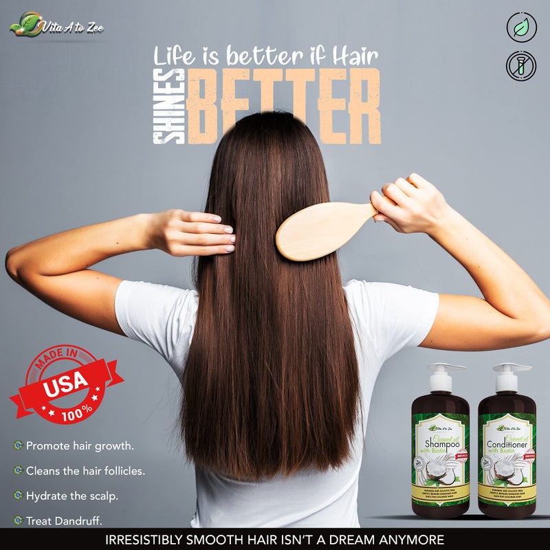 Vita A to Zee Coconut Oil Shampoo & Conditioner with Biotin, Aloe Vera (2 x 16.9 Fl Oz) â€“ Hair Regrowth Shampoo Conditioner for Dry, Frizzy & Coarse Hair - Hydrating & Flyaway Taming Hair & Scalp Care - Image 3
