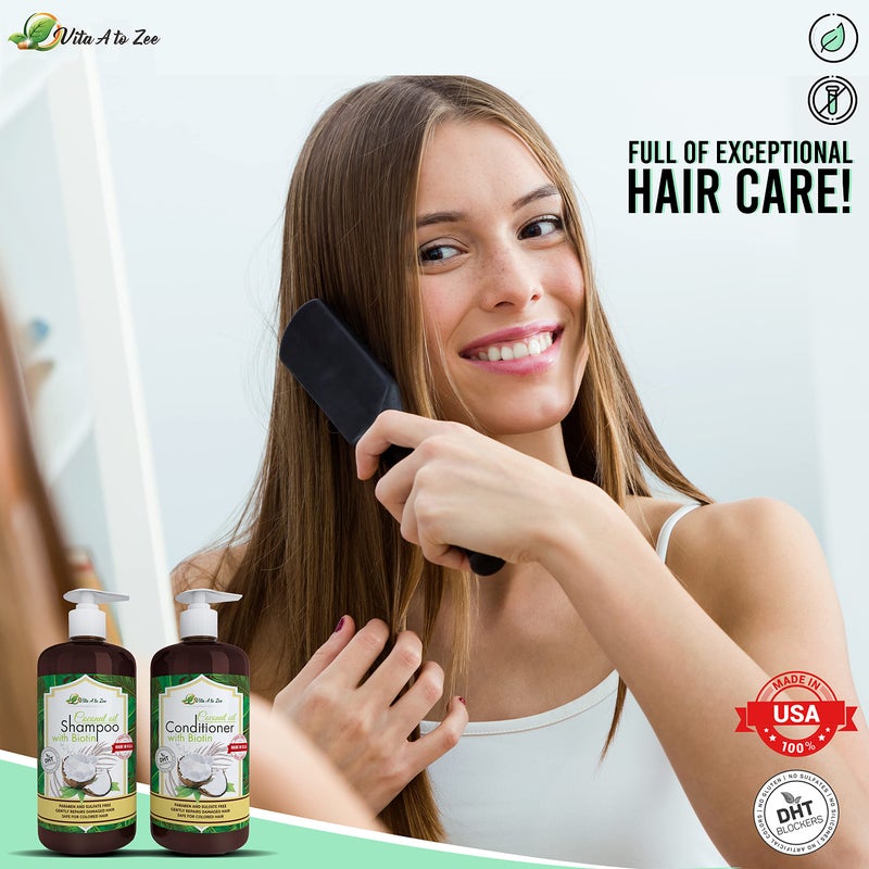Vita A to Zee Coconut Oil Shampoo & Conditioner with Biotin, Aloe Vera (2 x 16.9 Fl Oz) â€“ Hair Regrowth Shampoo Conditioner for Dry, Frizzy & Coarse Hair - Hydrating & Flyaway Taming Hair & Scalp Care - Image 4