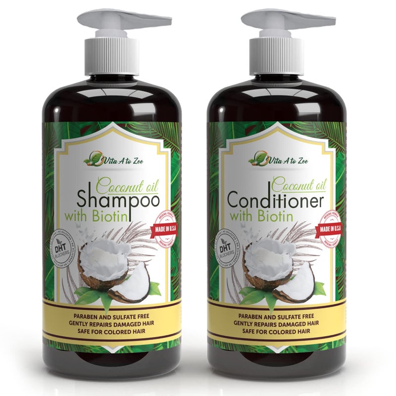 Vita A to Zee Coconut Oil Shampoo & Conditioner with Biotin, Aloe Vera (2 x 16.9 Fl Oz) â€“ Hair Regrowth Shampoo Conditioner for Dry, Frizzy & Coarse Hair - Hydrating & Flyaway Taming Hair & Scalp Care - Image 1