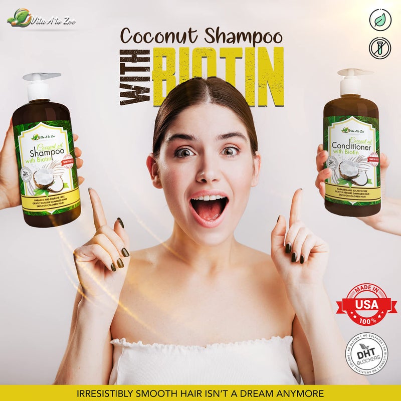 Vita A to Zee Coconut Oil Shampoo & Conditioner with Biotin, Aloe Vera (2 x 16.9 Fl Oz) â€“ Hair Regrowth Shampoo Conditioner for Dry, Frizzy & Coarse Hair - Hydrating & Flyaway Taming Hair & Scalp Care - Image 2