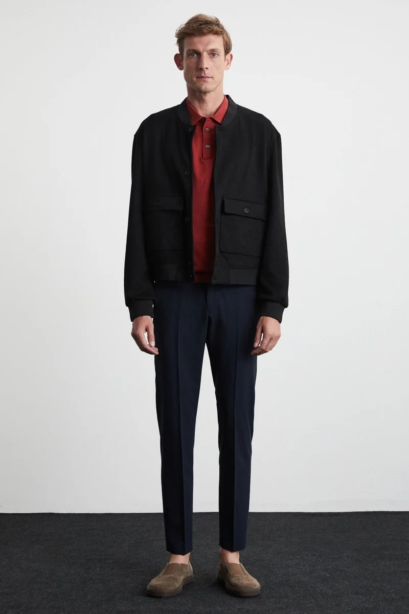 GRIMELANGE Preppy Men's Organic Cotton Double Pocket Buttoned Regular Fit Round Collar Black Jacket