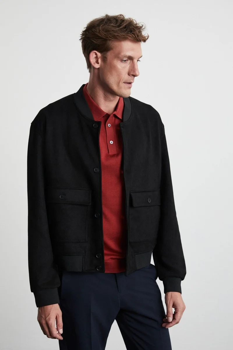 GRIMELANGE Preppy Men's Organic Cotton Double Pocket Buttoned Regular Fit Round Collar Black Jacket