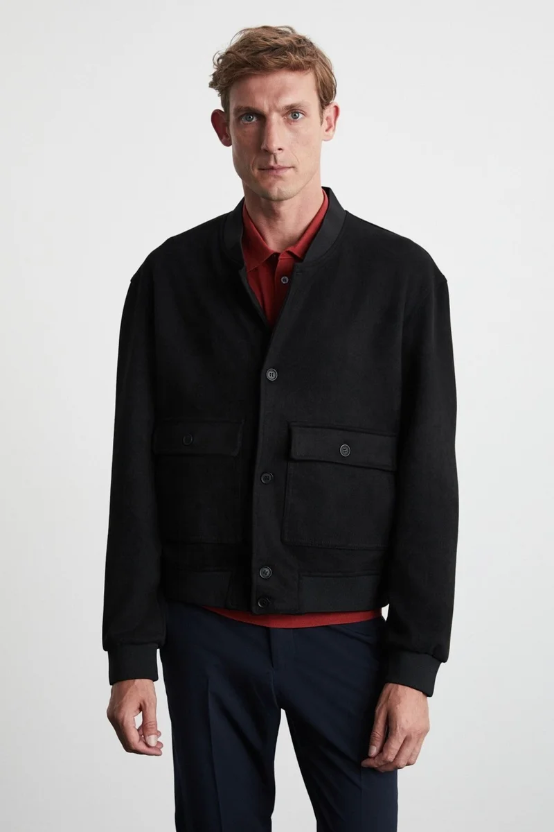 GRIMELANGE Preppy Men's Organic Cotton Double Pocket Buttoned Regular Fit Round Collar Black Jacket