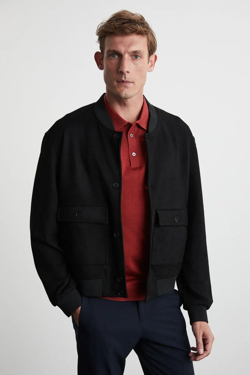 GRIMELANGE Preppy Men's Organic Cotton Double Pocket Buttoned Regular Fit Round Collar Black Jacket