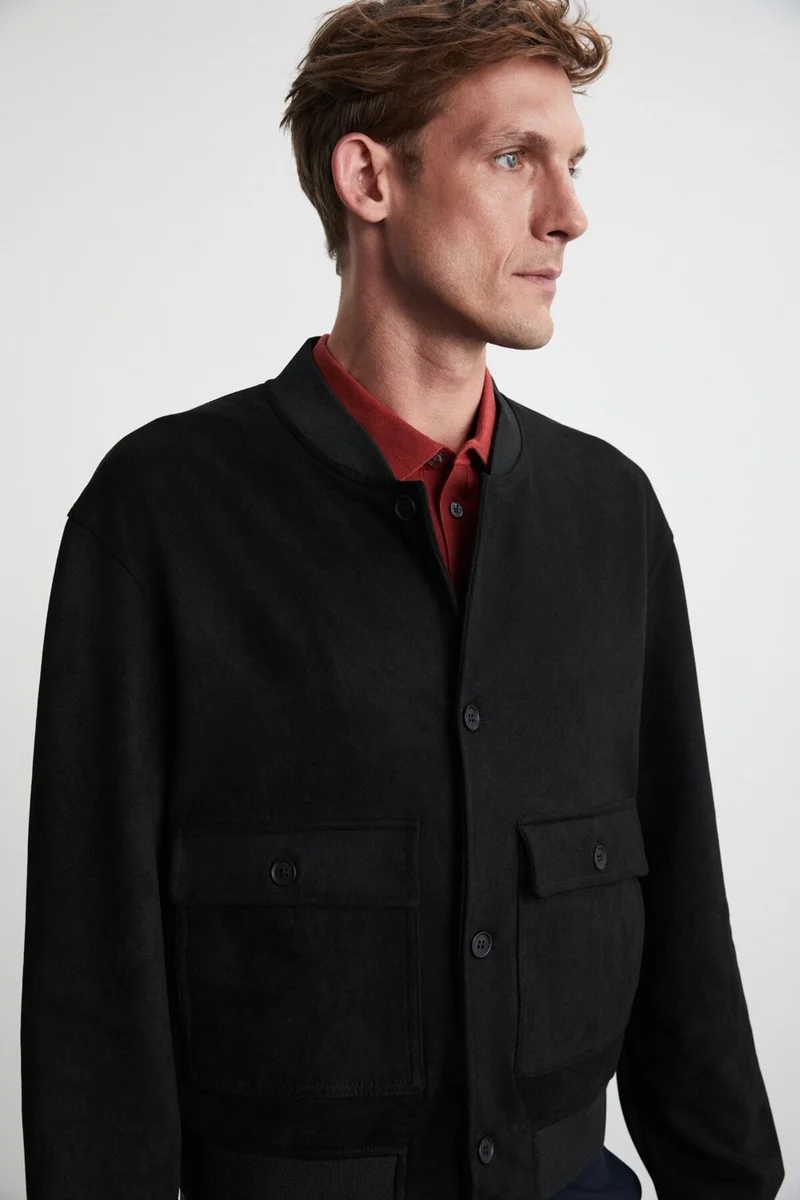 GRIMELANGE Preppy Men's Organic Cotton Double Pocket Buttoned Regular Fit Round Collar Black Jacket