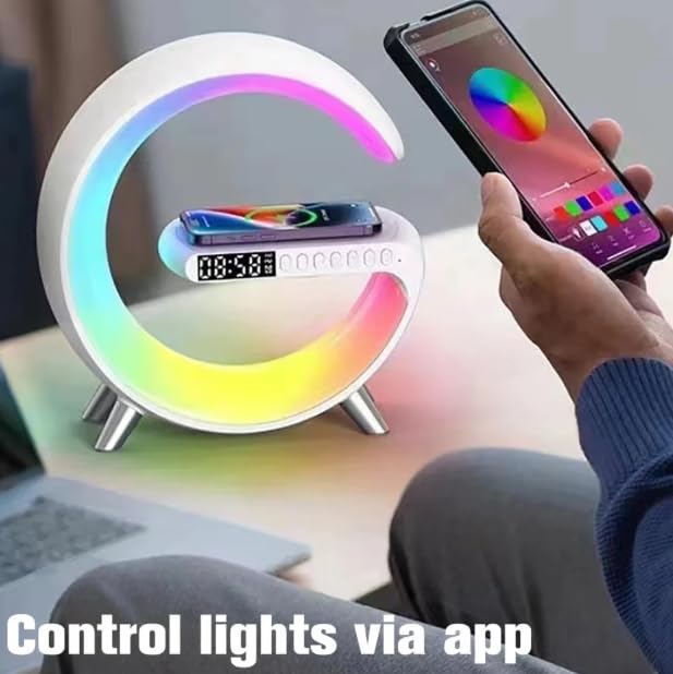 Chronos Smart Atmosphere Lamp with 15W Wireless Charger Smart RGBIC Lights Alarm Clock Bluetooth Speaker LED G Shape Speaker Atmosphere Desk Lamp for Bedroom Room Dcor Gift White - Image 4