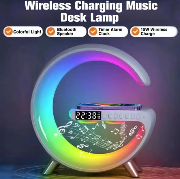 Chronos Smart Atmosphere Lamp with 15W Wireless Charger Smart RGBIC Lights Alarm Clock Bluetooth Speaker LED G Shape Speaker Atmosphere Desk Lamp for Bedroom Room Dcor Gift White - Image 3