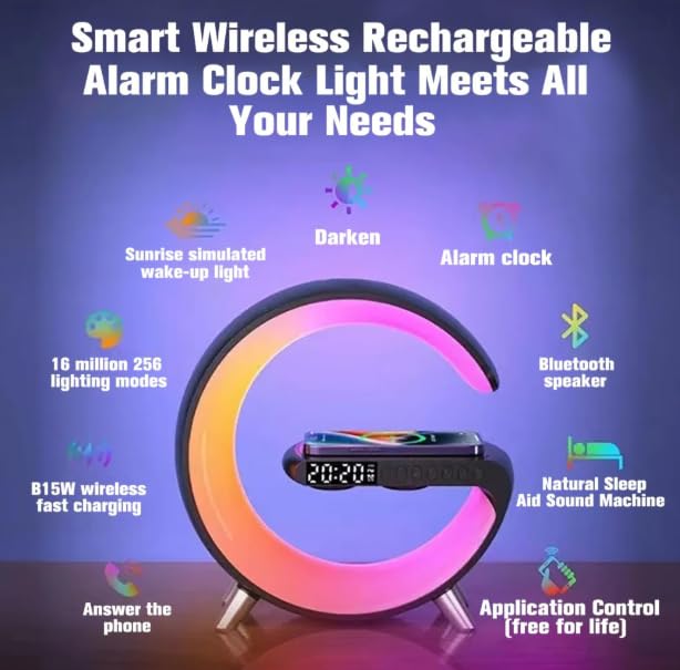 Chronos Smart Atmosphere Lamp with 15W Wireless Charger Smart RGBIC Lights Alarm Clock Bluetooth Speaker LED G Shape Speaker Atmosphere Desk Lamp for Bedroom Room Dcor Gift White - Image 2