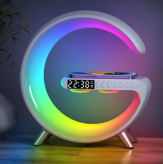 Chronos Smart Atmosphere Lamp with 15W Wireless Charger Smart RGBIC Lights Alarm Clock Bluetooth Speaker LED G Shape Speaker Atmosphere Desk Lamp for Bedroom Room Dcor Gift White - Image 1