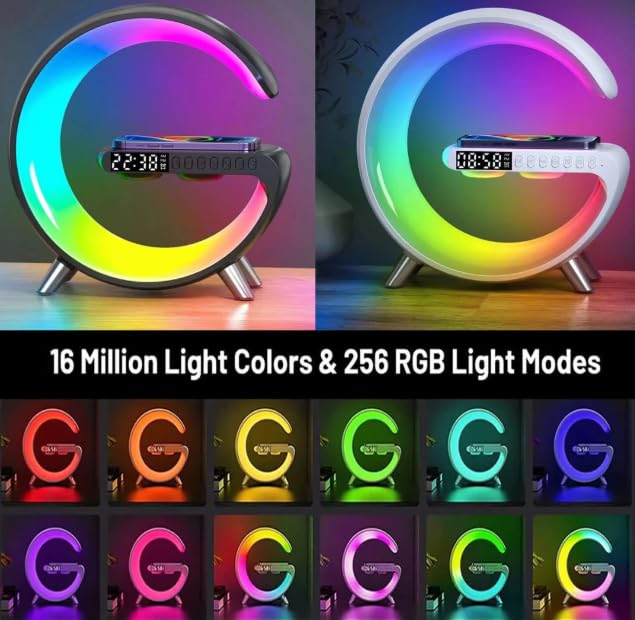 Chronos Smart Atmosphere Lamp with 15W Wireless Charger Smart RGBIC Lights Alarm Clock Bluetooth Speaker LED G Shape Speaker Atmosphere Desk Lamp for Bedroom Room Dcor Gift White - Image 5