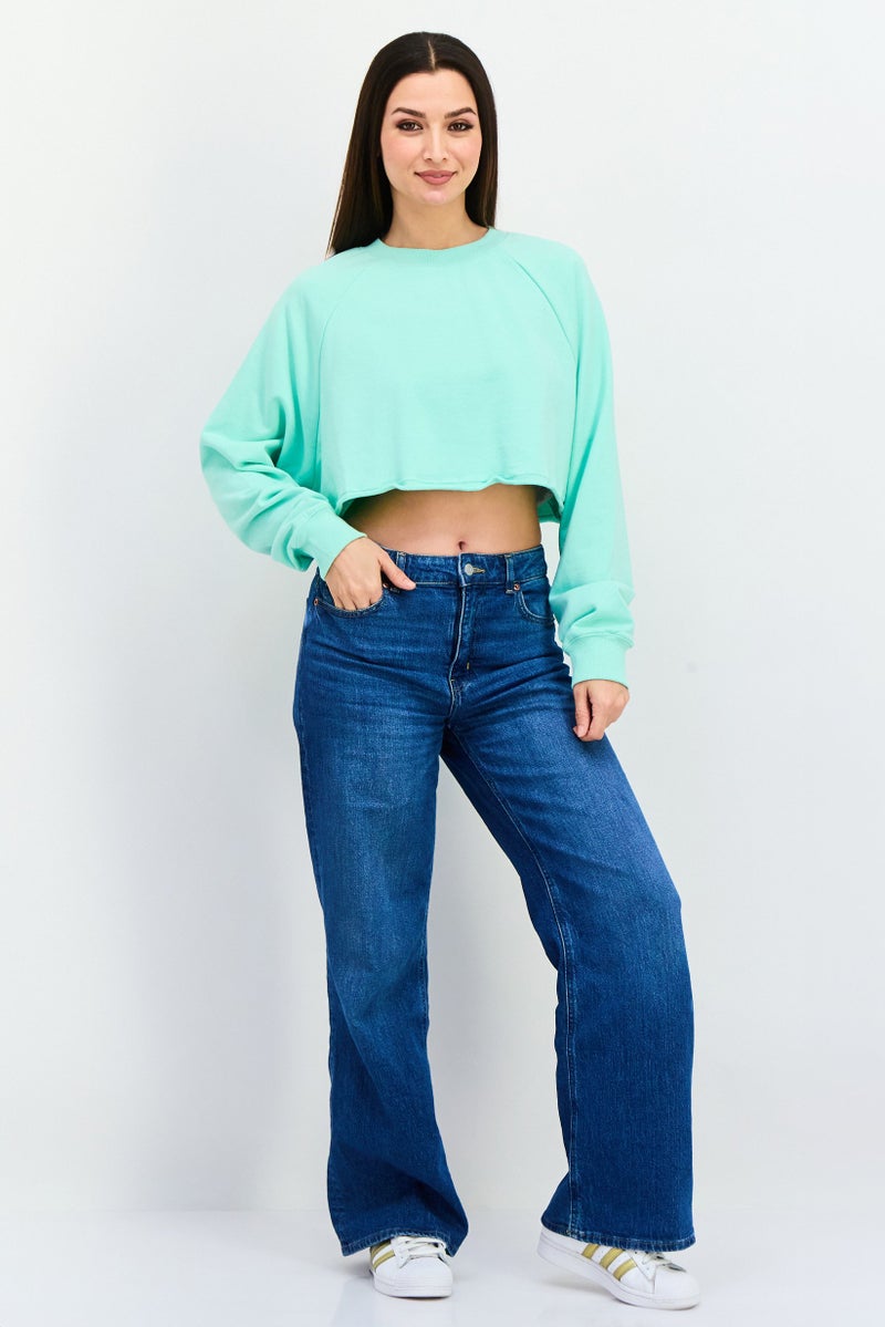 NIA Women Crew Neck Long Sleeve Solid Crop Sweatshirt, Mint Green - Image 4