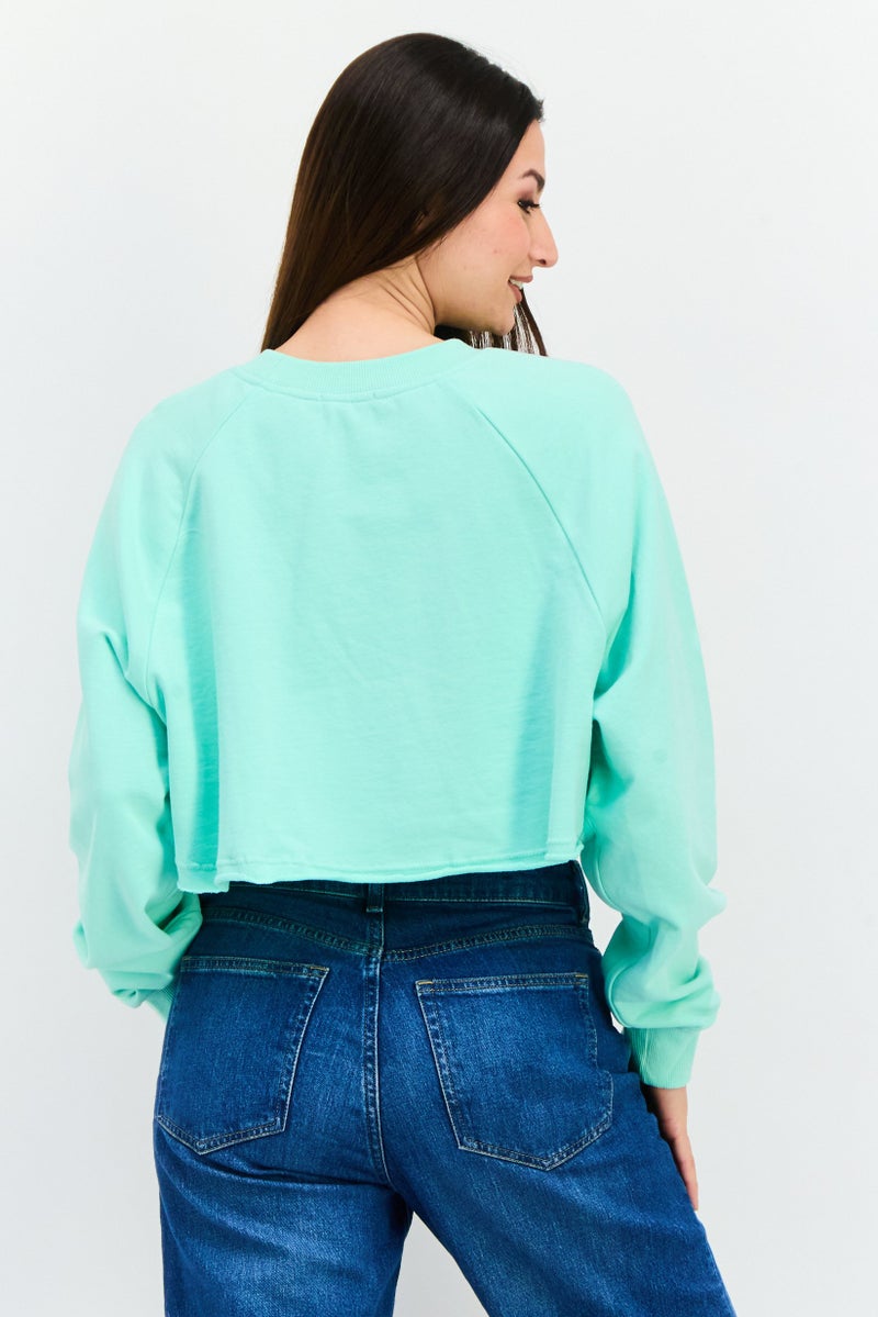 NIA Women Crew Neck Long Sleeve Solid Crop Sweatshirt, Mint Green - Image 3