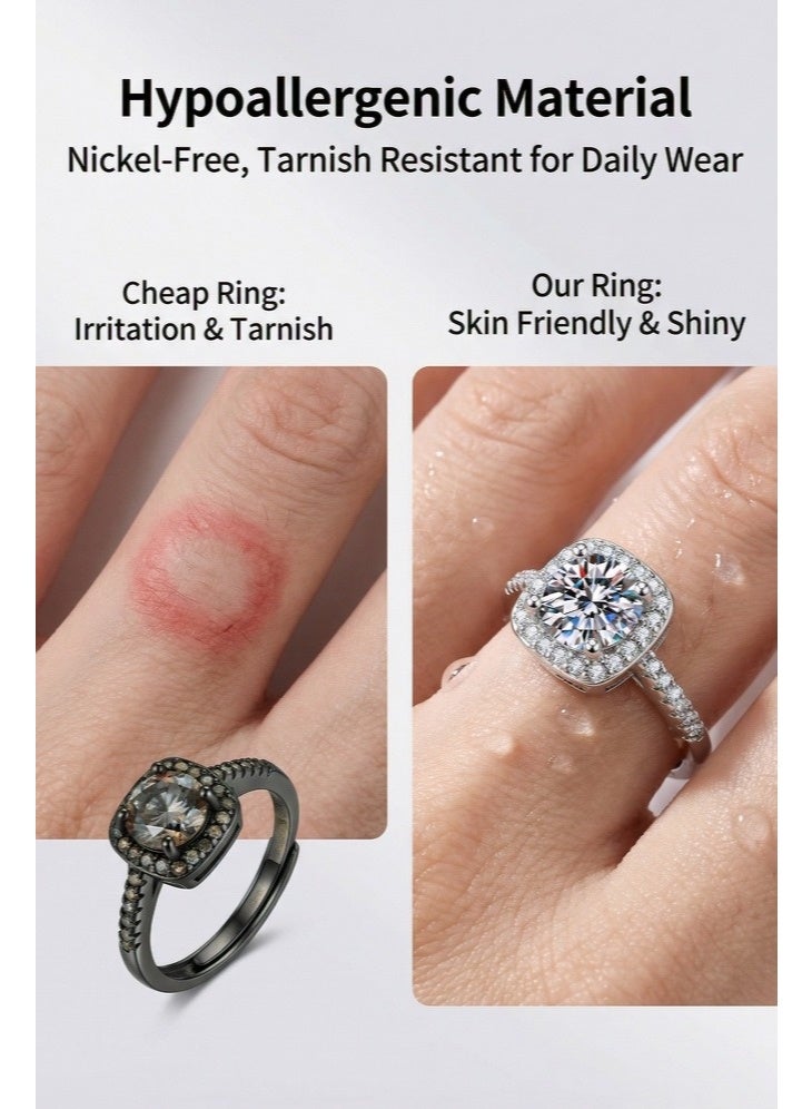 PORSTOO 0.5 / 1 / 2-Carat Adjustable Ring for Women – Princess-Cut Cubic Zirconia Sparkles Like Diamond – Hypoallergenic Open Band Fits Sizes 5–9 – Ideal Gift for Wife, Girlfriend (Silver) - Image 4