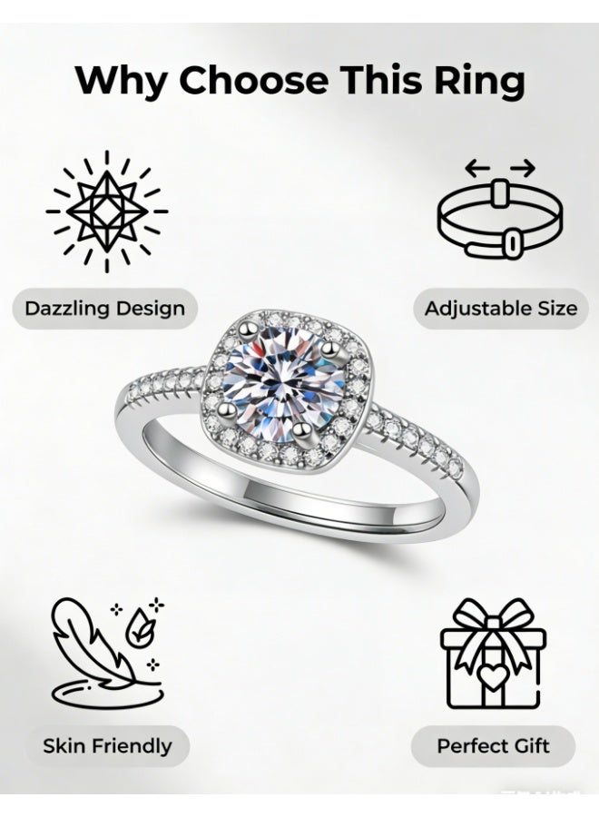 PORSTOO 0.5 / 1 / 2-Carat Adjustable Ring for Women – Princess-Cut Cubic Zirconia Sparkles Like Diamond – Hypoallergenic Open Band Fits Sizes 5–9 – Ideal Gift for Wife, Girlfriend (Silver) - Image 3