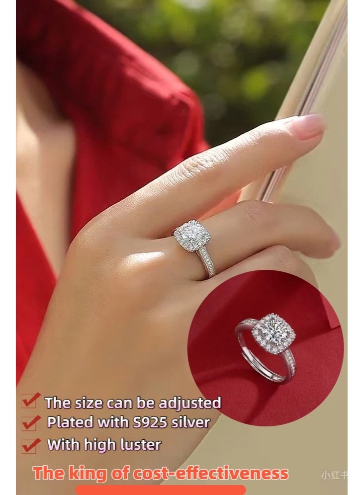 PORSTOO 0.5 / 1 / 2-Carat Adjustable Ring for Women – Princess-Cut Cubic Zirconia Sparkles Like Diamond – Hypoallergenic Open Band Fits Sizes 5–9 – Ideal Gift for Wife, Girlfriend (Silver) - Image 1