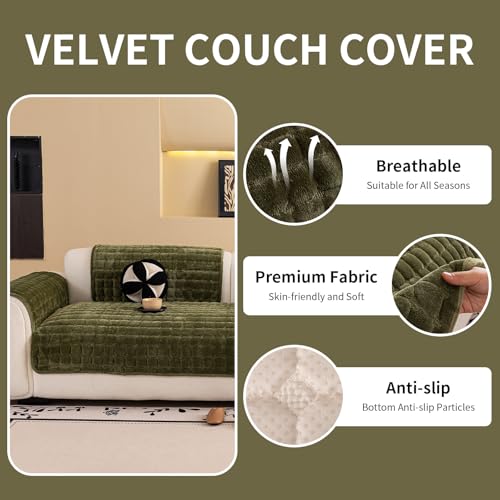 MDSASFD Velvet Couch Cover, Washable Sectional Sofa Cover, Anti Slip Sofa Slipcover for 3 Cushion Couch Sofa L Shaped Armrest Backrest, Furniture Protector Covers for Pets Kids(1PC,Green,36"×47") - Image 2