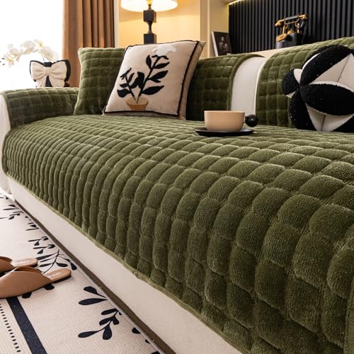 MDSASFD Velvet Couch Cover, Washable Sectional Sofa Cover, Anti Slip Sofa Slipcover for 3 Cushion Couch Sofa L Shaped Armrest Backrest, Furniture Protector Covers for Pets Kids(1PC,Green,36"×47") - Image 1