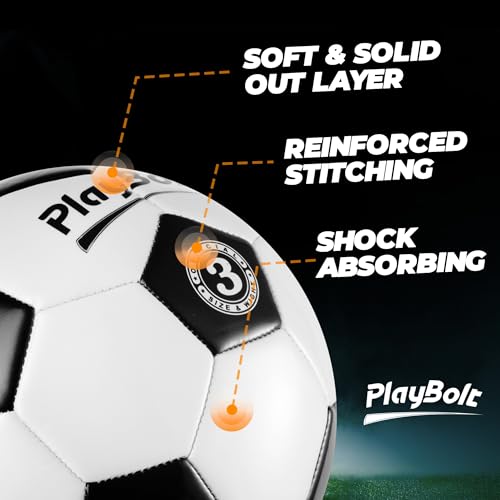 PlayBolt Soccer Ball Size 3 with Pump - Black & White Training Practice & Match Ball for Kids (Pack of 1) - Image 2