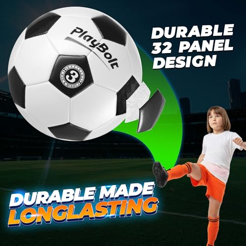 PlayBolt Soccer Ball Size 3 with Pump - Black & White Training Practice & Match Ball for Kids (Pack of 1) - Image 3