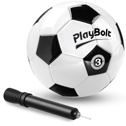 PlayBolt Soccer Ball Size 3 with Pump - Black & White Training Practice & Match Ball for Kids (Pack of 1) - Image 1