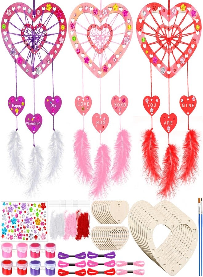 Wovnet 12 Sets Valentine's Day Heart Dream Catchers Painting Your Own Dreamcatchers DIY Valentines Heart Valentine's Crafts Wooden Coloring Arts for Party Activity - Image 1