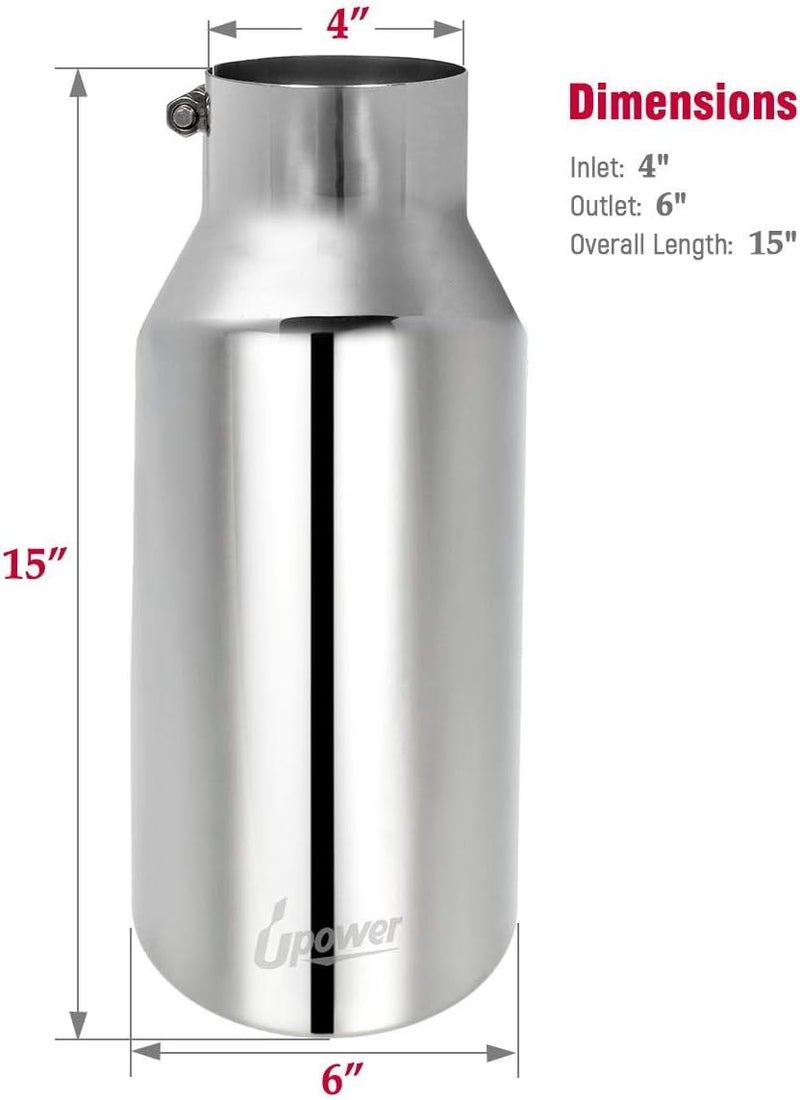 U-Power Universal Diesel Trucks Car Exhaust Tip 4 Inch Inlet 6" Outlet 15" Long Stainless Steel Bolt-On - Image 4