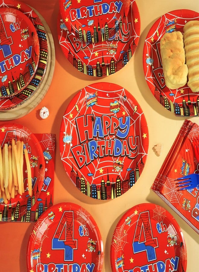 OBUSATT 96Pcs Spider 4th Birthday Party Decorations Cartoon Spider Theme Plates Napkins Red Blue Hero Tableware set Super Theme Hero 4th Birthday Decoration Favors for Kids 4 Year Old Party Supplies Serve 24 - Image 5