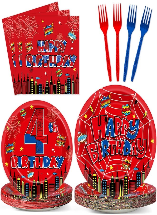 OBUSATT 96Pcs Spider 4th Birthday Party Decorations Cartoon Spider Theme Plates Napkins Red Blue Hero Tableware set Super Theme Hero 4th Birthday Decoration Favors for Kids 4 Year Old Party Supplies Serve 24 - Image 1