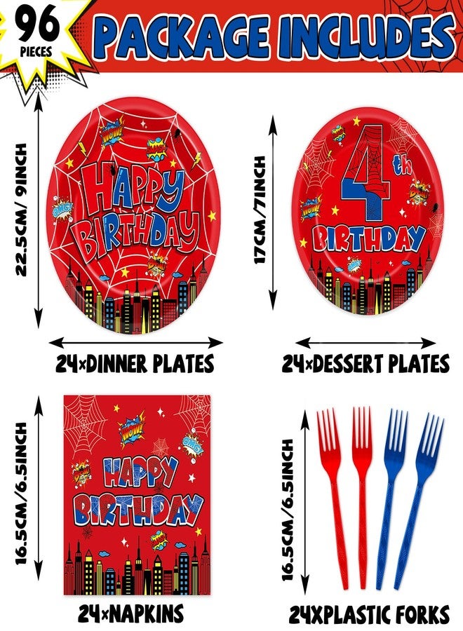 OBUSATT 96Pcs Spider 4th Birthday Party Decorations Cartoon Spider Theme Plates Napkins Red Blue Hero Tableware set Super Theme Hero 4th Birthday Decoration Favors for Kids 4 Year Old Party Supplies Serve 24 - Image 2