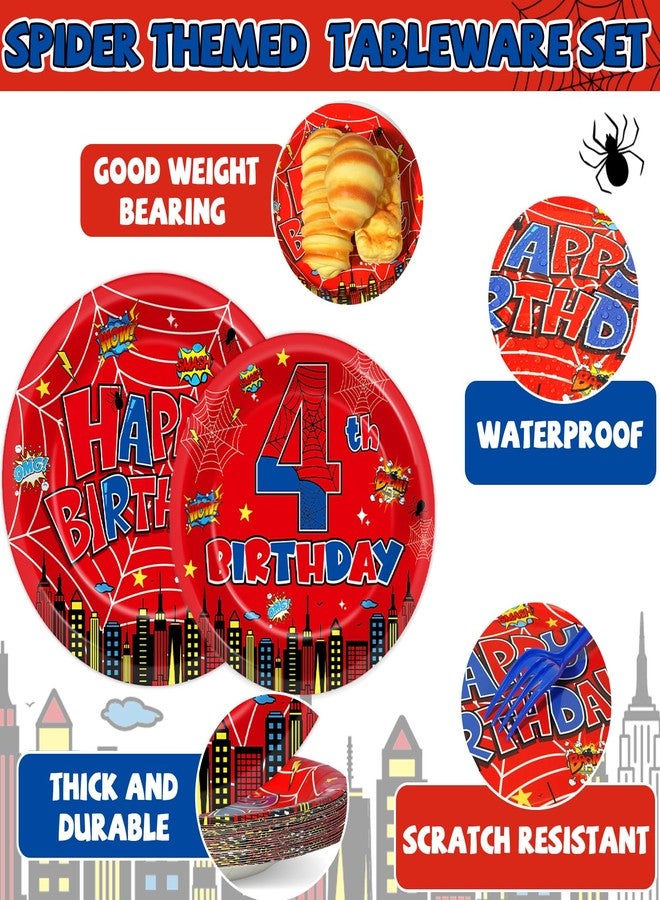 OBUSATT 96Pcs Spider 4th Birthday Party Decorations Cartoon Spider Theme Plates Napkins Red Blue Hero Tableware set Super Theme Hero 4th Birthday Decoration Favors for Kids 4 Year Old Party Supplies Serve 24 - Image 3