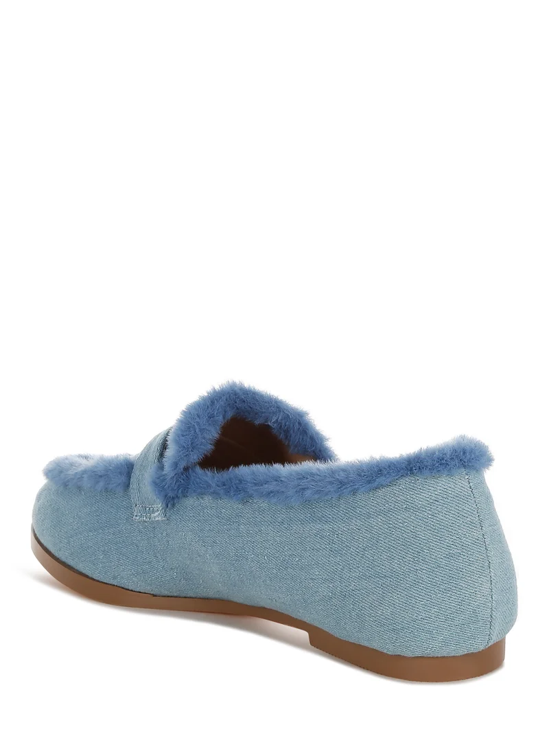 London Rag Fur Detail Denim Loafers in Blue