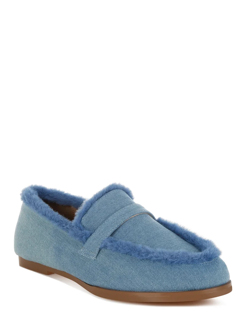 London Rag Fur Detail Denim Loafers in Blue