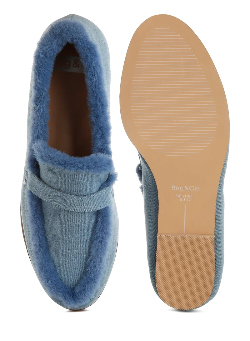 London Rag Fur Detail Denim Loafers in Blue