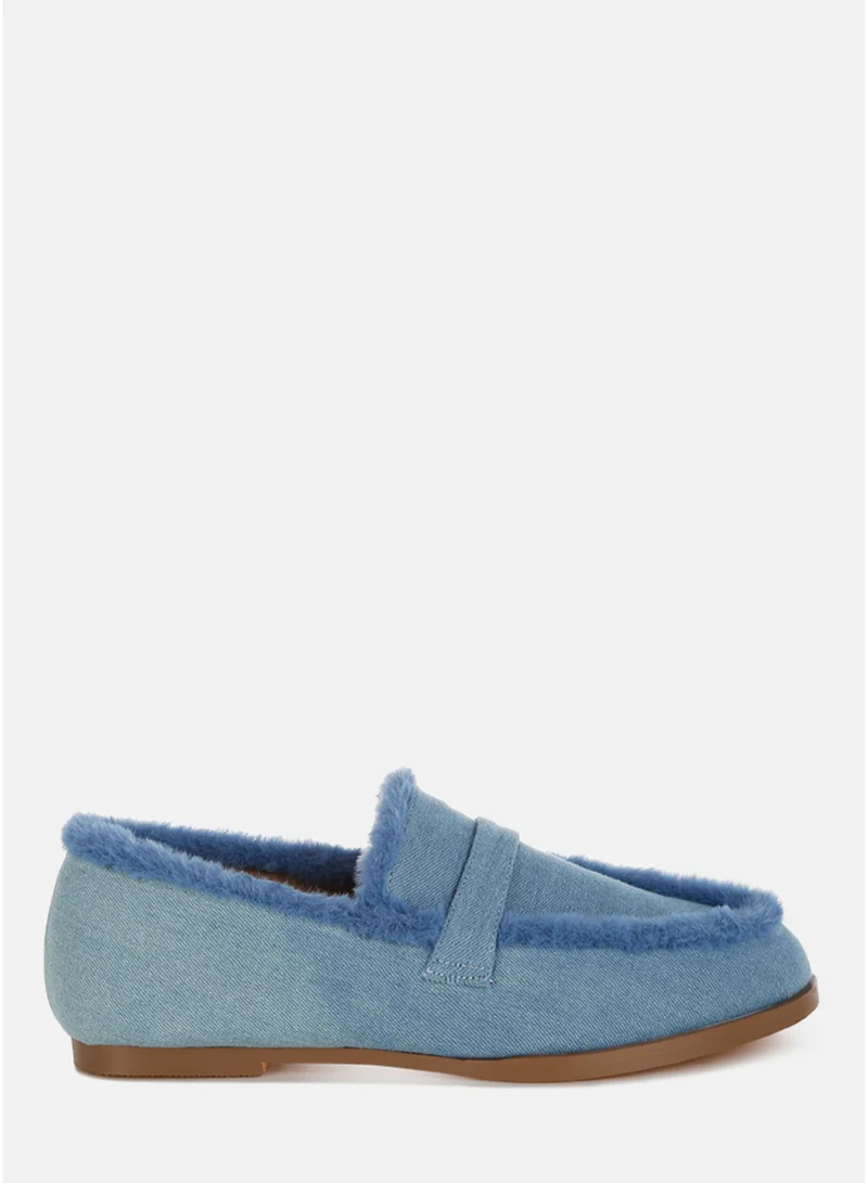 Fur Detail Denim Loafers in Blue