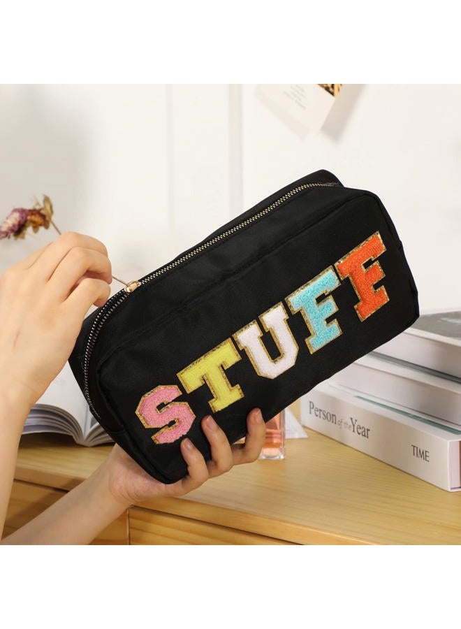DYSHAYEN Nylon Cosmetic Bag Small Travel Preppy Makeup Pouch Bag for Women Girls with Chenille Letter Patches, Black-Stuff, Fashion - Image 5